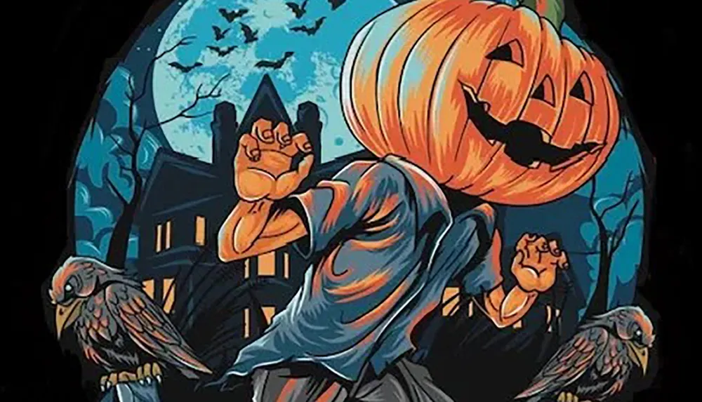 The image depicts a Halloween-themed illustration with a large pumpkin-headed figure looming in front of a full moon surrounded by bats with eerie houses in the background and two perched ravens in the foreground