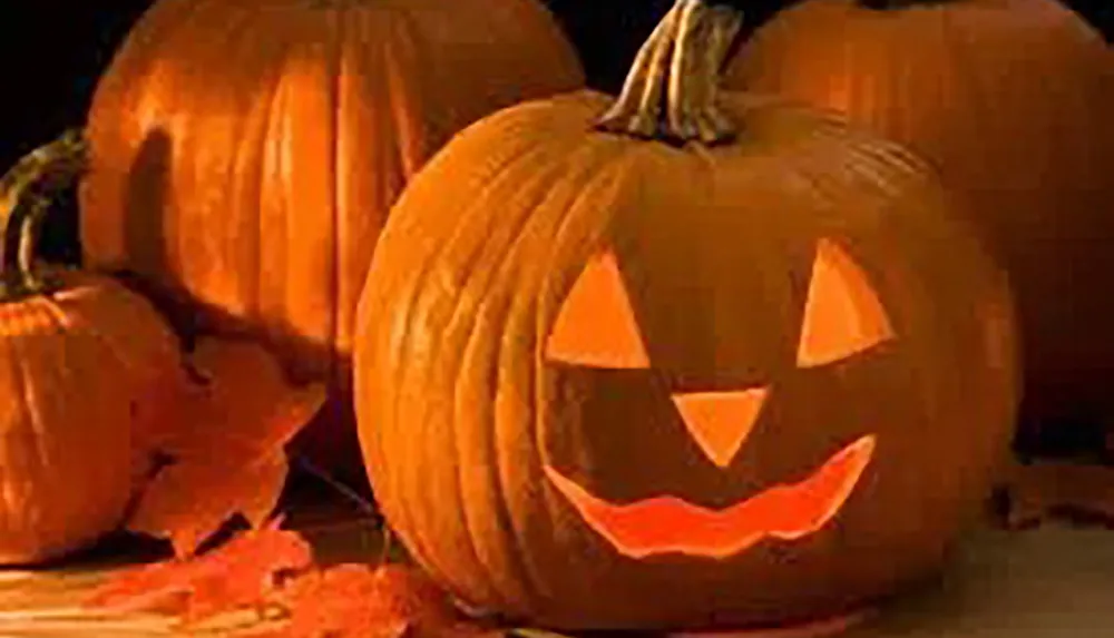 A lit jack-o-lantern with a smiling face sits among uncarved pumpkins and pumpkin scraps against a dark background