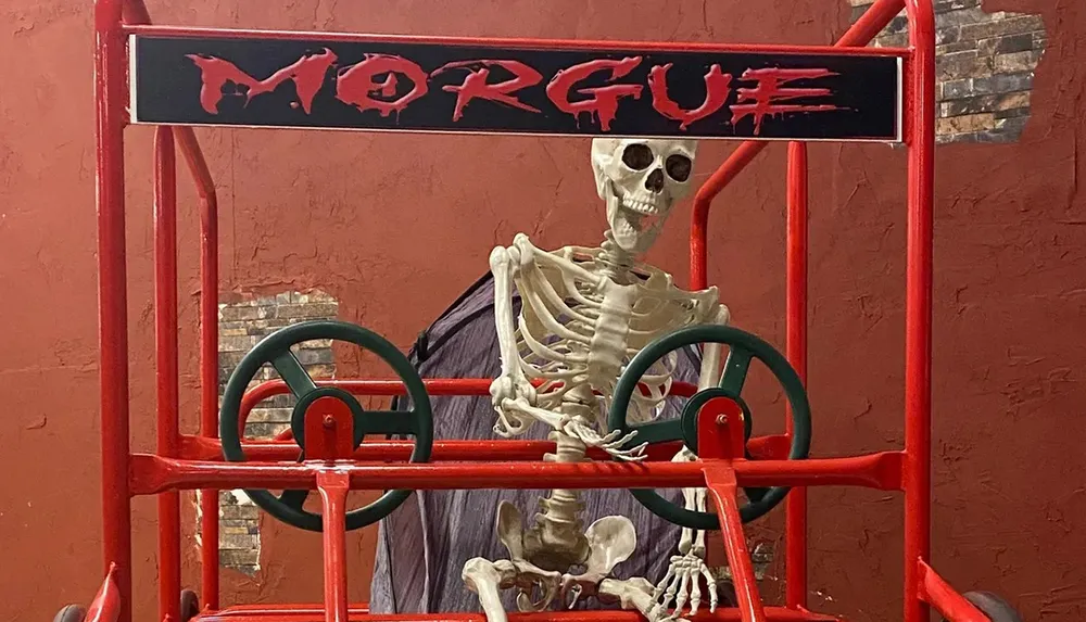 The image shows a skeleton positioned as if its driving a red cart-like structure with a sign labeled MORGUE above it