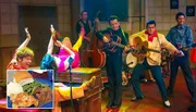 The image shows a lively scene with performers dressed in 1950s attire playing guitars and a double bass on stage, while a person wearing vibrant clothing is upside down with legs in the air in front, and there's a superimposed picture of a plate of food featuring what appears to be meat, vegetables, and bread.