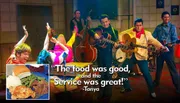 The image shows a lively scene with performers dressed in 1950s attire playing guitars and a double bass on stage, while a person wearing vibrant clothing is upside down with legs in the air in front, and there's a superimposed picture of a plate of food featuring what appears to be meat, vegetables, and bread.