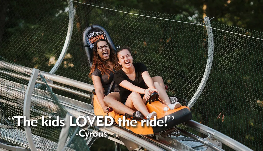 Two people are enjoying a thrilling ride on a mountain coaster laughing joyfully as they descend the track