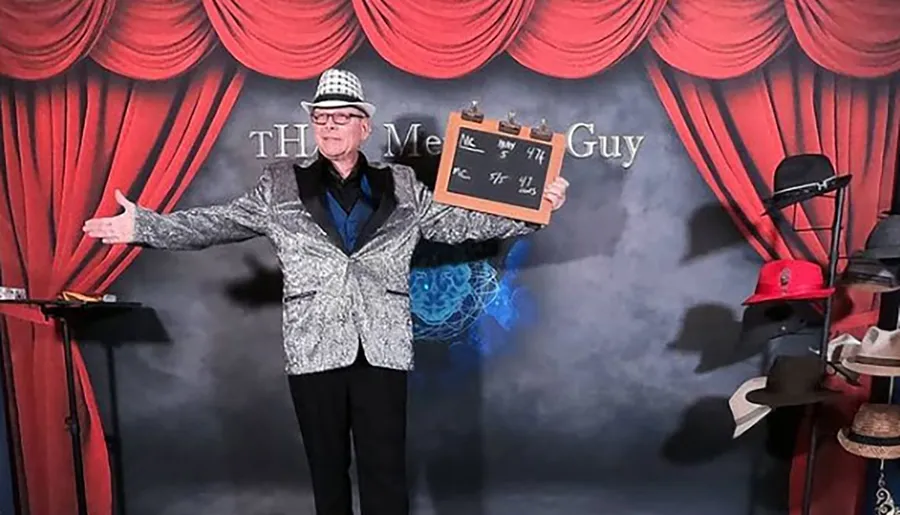 A person in a shiny jacket and checkered hat is holding a clapperboard and gesturing with an open arm in front of a backdrop with red curtains and the text The Mental Guy.