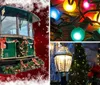 A vintage-style trolley is decorated with festive Christmas wreaths and bows set against a seasonal background with snowflake decorations