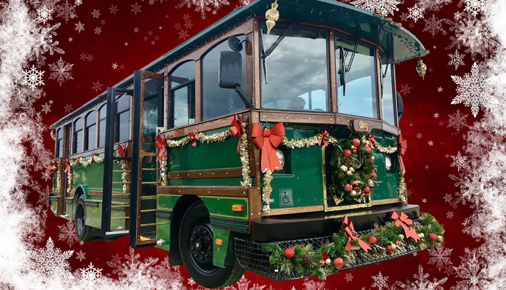 A vintage-style trolley is decorated with festive Christmas wreaths and bows set against a seasonal background with snowflake decorations