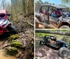 A red off-road vehicle is navigating a rocky creek bed with a person visible behind the roll bars engaged in an outdoor adventure