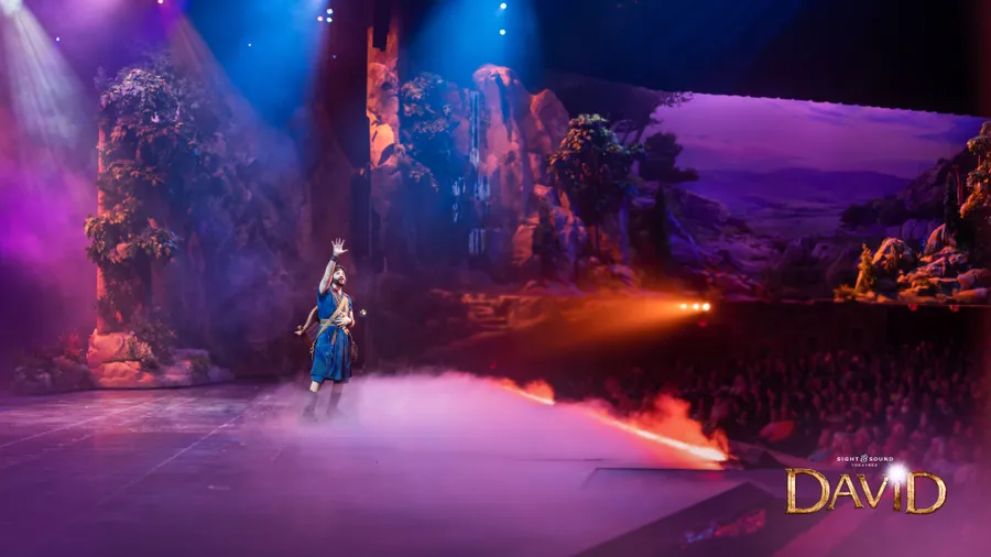 A performer in historical costume stands on a foggy stage with dramatic lighting, as part of a theatrical production set in a natural landscape, while the audience watches.