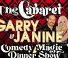 The image features an advertisement for The Cabaret Garry  Janine Comedy Magic Dinner Show with a man and a woman highlighted by a backdrop of playing card suits and showbiz lights