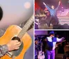 A smiling person in a cowboy hat holds a guitar up in the air against a soft-focus background