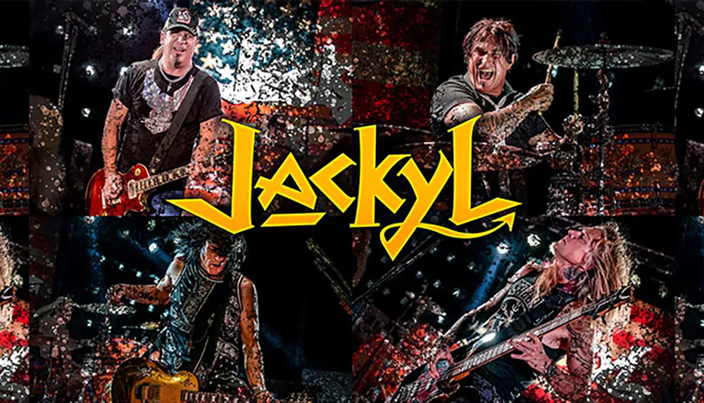 The image is a vibrant collage of band members performing energetically with an overlay of Jackyls logo on a background that resembles a splattered grungy version of the American flag