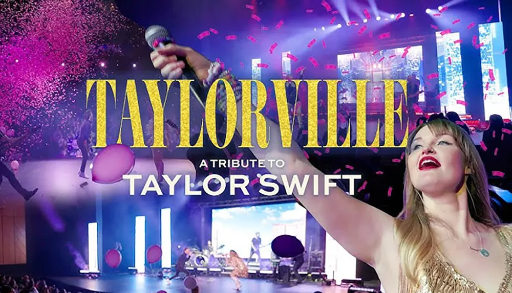 The image is a promotional poster for Taylorville a tribute event to Taylor Swift featuring a singer on stage with a microphone enthusiastic crowd and bold celebratory graphics