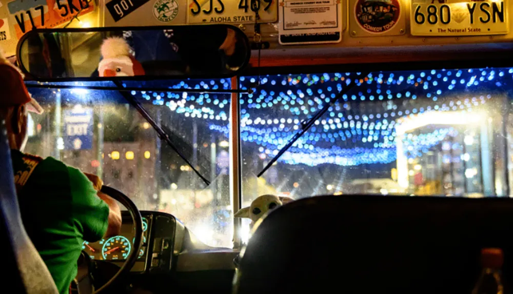 A bus driver is seen from behind at night driving a vehicle adorned with various license plates and illuminated by the glow of festive lights reflecting on the windows