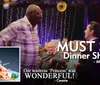 The image is a promotional advertisement for a dinner show highlighting a positive guest review and featuring a photo of a plated pasta dish along with an engaging scene from the show