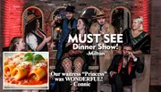 The image features a group of people dressed in 1920s-style attire enjoying a dinner show, with text reviews praising the performance and service, alongside an inset of rolled pasta with sauce.