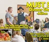 A lively dinner show scene with an engaging performer and guests enjoying their meals accompanied by positive reviews praising the food entertainment and service
