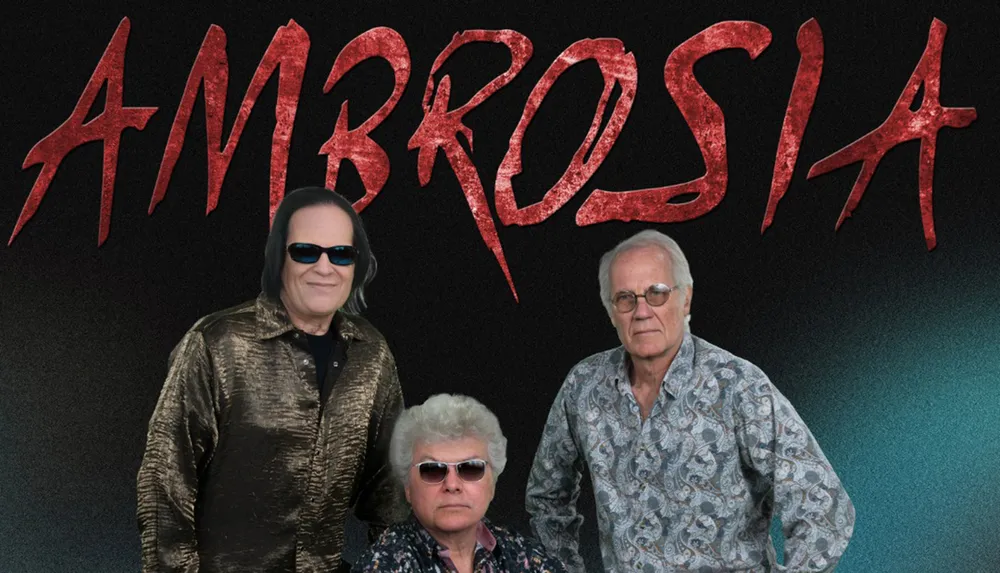 Three men are posing in front of a stylized red AMBROSIA logo on a dark background