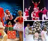 The image is a collage of four photos showing various festive scenes with people dressed in Christmas-themed costumes including Santa Claus and reindeer performing on stage with decorations like presents and Christmas trees