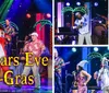 The image is a collage promoting a festive event called New Years Eve Pardi-Gras featuring performers in colorful costumes and festive attire on stage